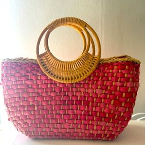 Free People Beach Woven Tote Bag with Bamboo Handles